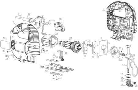 Default Diagram and Parts List for KS701E-AR Type 1 Black and Decker Jig Saw